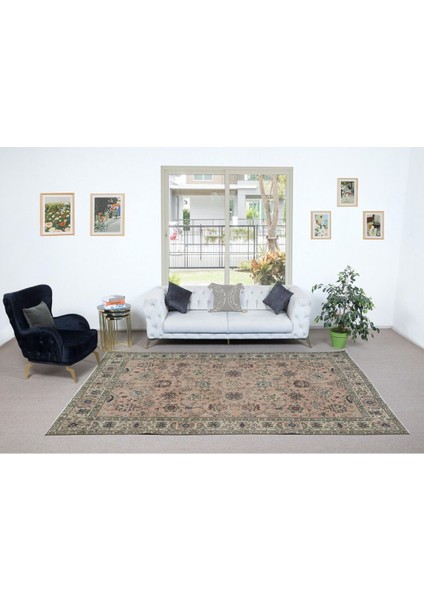 203 x 328 cm Romantik Botanik Tasarımlı Kırmızı ve Bej Eski El Yapımı Büyük Türk Halısı