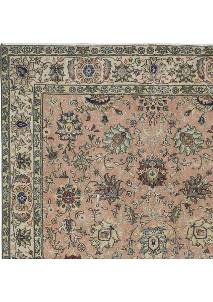 203 x 328 cm Romantik Botanik Tasarımlı Kırmızı ve Bej Eski El Yapımı Büyük Türk Halısı