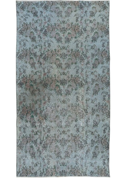 150 x 275 cm Yeniden Boyanmış Açık Mavi El Dokuma Halı, El Yapımı Çiçek Desenli Halı