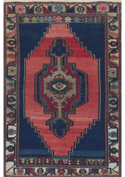 134 x 222 cm Eski El Yapımı Türk Halısı. Lacivert, Kırmızı, Yeşil Gri