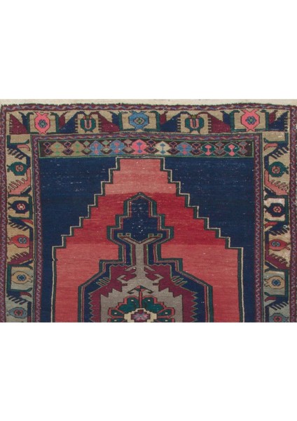 134 x 222 cm Eski El Yapımı Türk Halısı. Lacivert, Kırmızı, Yeşil Gri