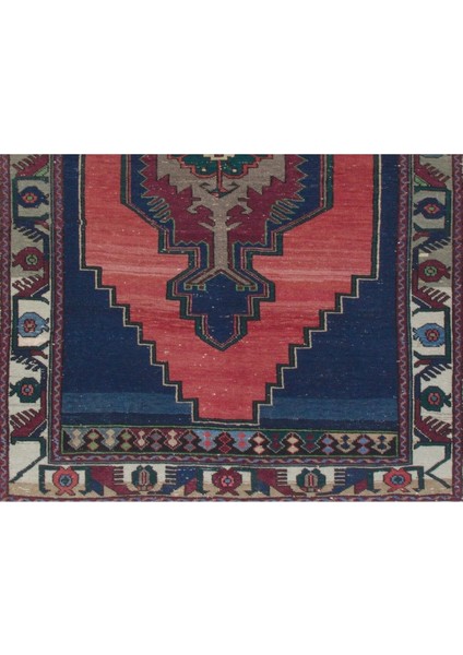 134 x 222 cm Eski El Yapımı Türk Halısı. Lacivert, Kırmızı, Yeşil Gri
