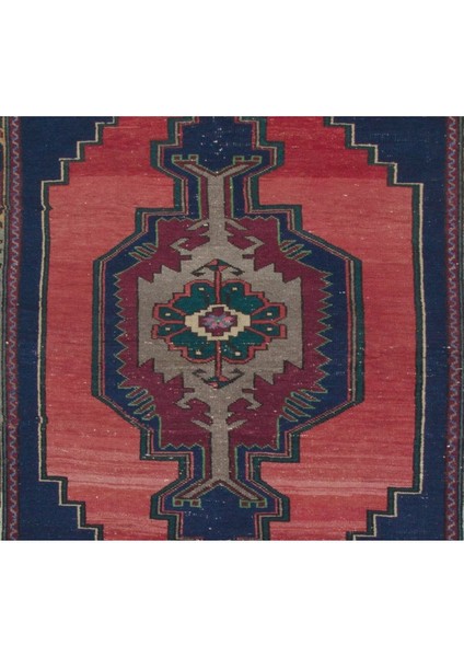 134 x 222 cm Eski El Yapımı Türk Halısı. Lacivert, Kırmızı, Yeşil Gri