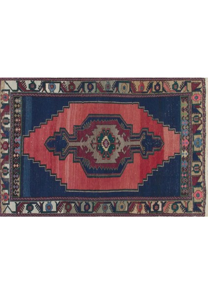 134 x 222 cm Eski El Yapımı Türk Halısı. Lacivert, Kırmızı, Yeşil Gri