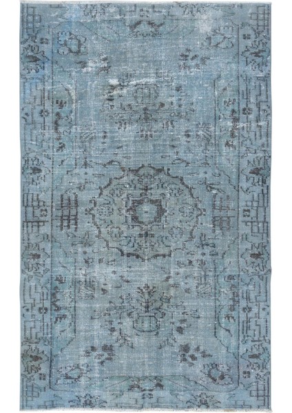 144 x 226 cm Mavi El Dokuması Halı, Yenilenmiş Vintage Halı, Yeniden Boyanmış Eski Halı