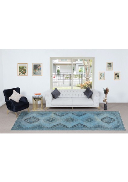 138 x 384 cm Çağdaş El Yapımı Açık Mavi Renkli Koridor Halısı, El Yapımı Yolluk Halı