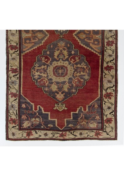 156 x 310 cm El Dokuması Köy'de Yapılmış Eski Halı. Yün. Kırmızı, Gri, Bej