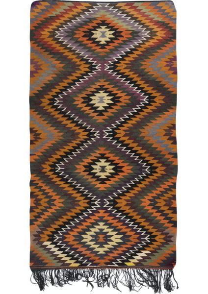 183 x 328 cm El Dokuma Anadolu Kilimi, Yünden Yapılmıştır, Elmas Desenli Eski Çok Renkli Halı