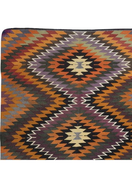 183 x 328 cm El Dokuma Anadolu Kilimi, Yünden Yapılmıştır, Elmas Desenli Eski Çok Renkli Halı