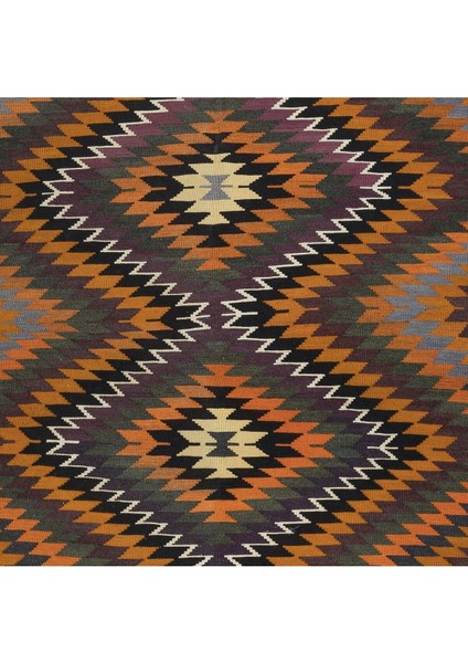 183 x 328 cm El Dokuma Anadolu Kilimi, Yünden Yapılmıştır, Elmas Desenli Eski Çok Renkli Halı