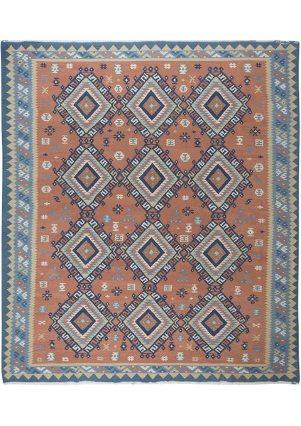 258 x 280 cm Geometrik Detaylı Iskandinav El Dokuması Eski Kilim Halı, 'düz Dokuma', Yün