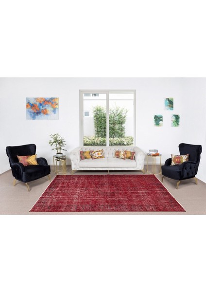 175 x 277 cm El Dokuması Yeniden Boyanmış Eski Türk Halısı, Modern Kırmızı El Yapımı Yünlü Halı