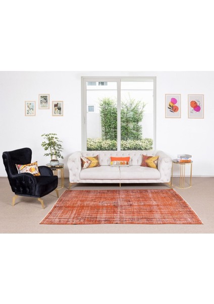 178 x 255 cm El Dokuması Otantik Eski Anadolu Halısı, Modern Turuncu El Yapımı Yünlü Halı
