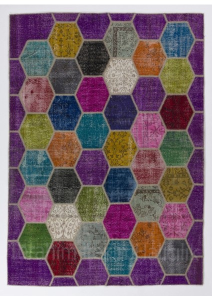 213 x 305 cm Çok Renkli El Dokuması Patchwork Halı, Otantik Renkli Halı, Renkli Peçvörk indirimleri