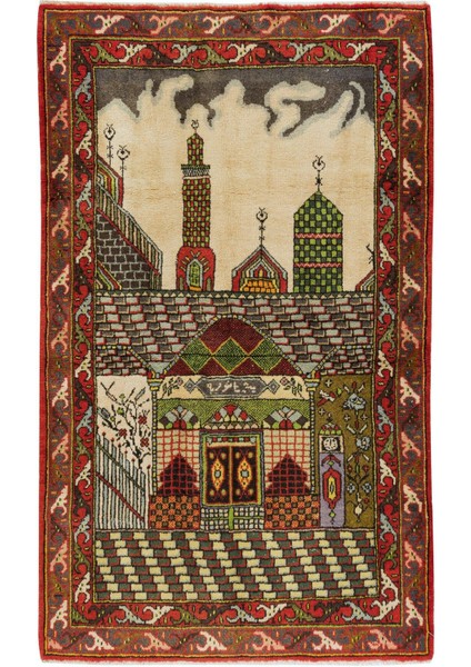 105 x 172 cm Benzersiz Eski El Yapımı Seccade, Cami Desenli Halı