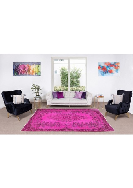 175 x 264 cm El Dokuması Yeniden Boyanmış Eski Türk Halısı, Çağdaş Pembe El Yapımı Yünlü Halı