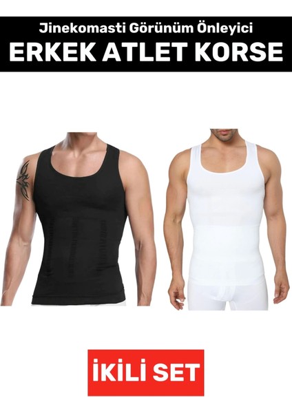 Jinekomasti Dik Duruş Düzeltici Göbek Elastik Erkek Atlet Korse Siyah-Beyaz Ikili Set