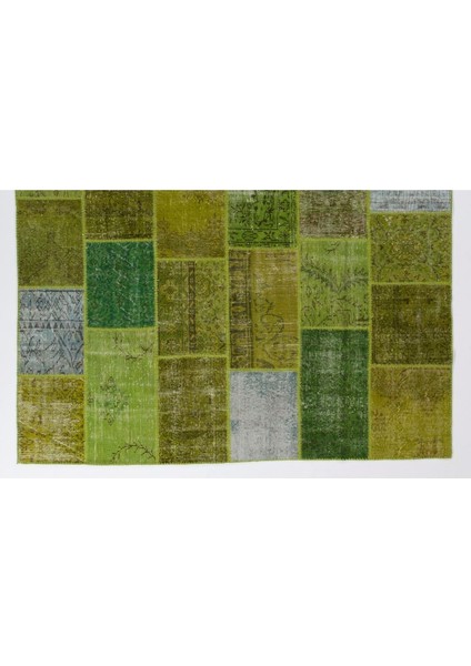 244 x 305 cm Yeşil Tonlarda El Dokuması Patchwork, Otantik, Modern El Yapımı Peçvörk Halı modelleri