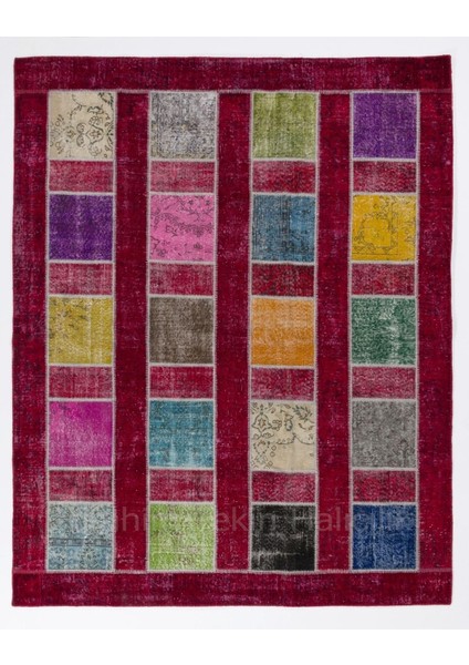244 x 305 cm Çok Renkli El Dokuması Patchwork Halı, Renkli Peçvörk, Modern Kırmızılı Yün Halı