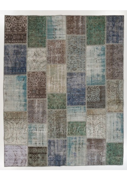 244 x 305 cm Koyu Tonlarda El Dokuması Patchwork Halı, Çok Renkli Anadolu Halısı