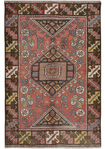 119 x 173 cm El Yapımı Geometrik Madalyon Tasarımlı Halı, 1960'LARDAN Halı, Eski Türk Kırmızı Halı
