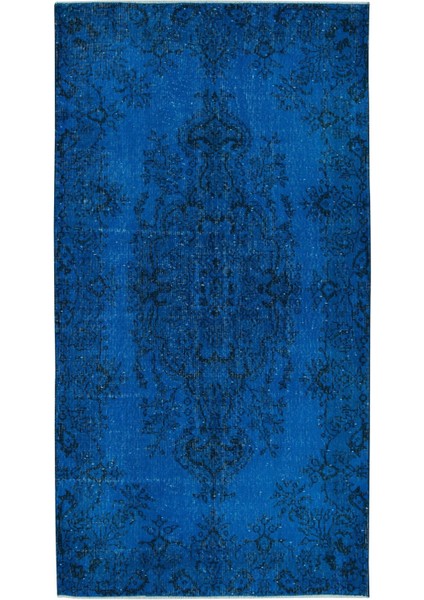 112 x 212 cm Eski El Yapımı Türk Işi Halı, El Dokuma Mavi Halı
