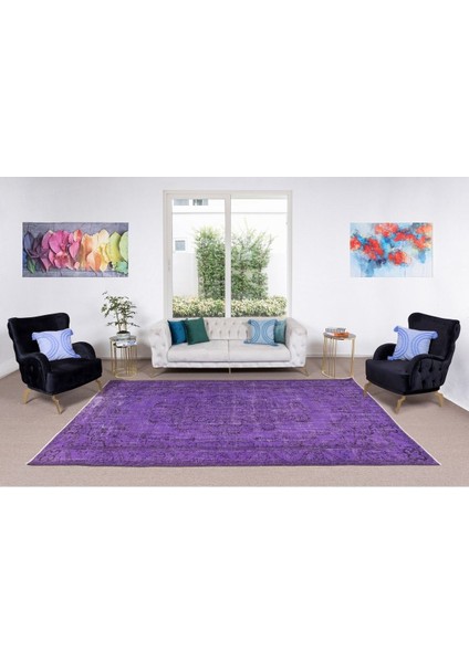 173 x 308 cm El Dokuması Yeniden Boyanmış Eski Türk Halısı, Modern Mor El Yapımı Yünlü Halı