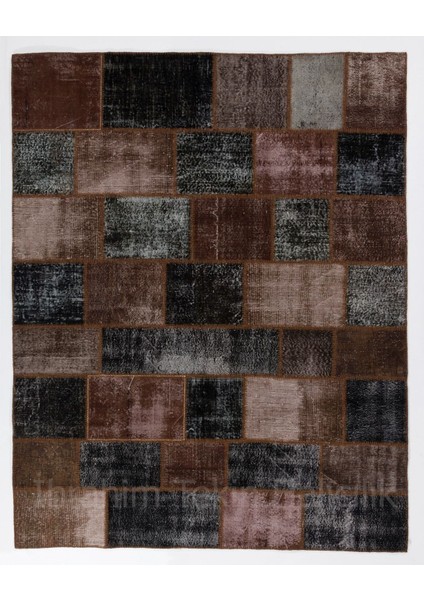 244 x 305 cm El Dokuması Patchwork Halı, Koyu Tonlarda Anadolu Halısı,, Çok Renkli Peçvörk