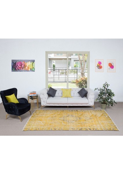 172 x 290 cm Modern Ev Dekoru El Dokuması Sarı Türk Halısı, Yünlü Oturma Odası Halısı