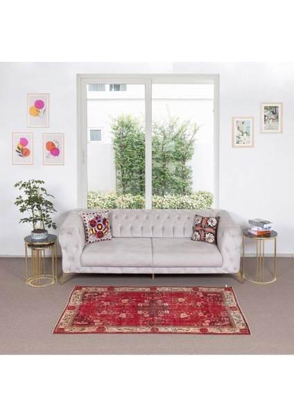 112 x 219 cm El Dokuması Yeniden Boyanmış Eski Türk Halısı, Modern Kırmızı El Yapımı Yünlü Halı