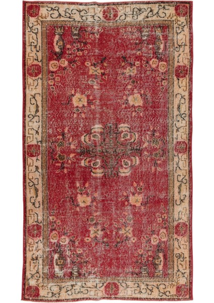 112 x 219 cm El Dokuması Yeniden Boyanmış Eski Türk Halısı, Modern Kırmızı El Yapımı Yünlü Halı fiyatları