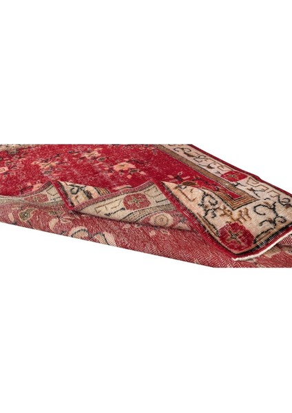112 x 219 cm El Dokuması Yeniden Boyanmış Eski Türk Halısı, Modern Kırmızı El Yapımı Yünlü Halı modelleri
