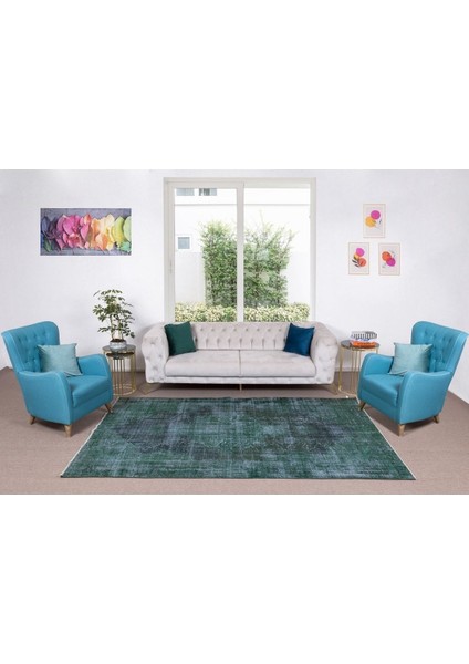 185 x 280 cm El Dokuması Yeniden Boyanmış Eski Türk Halısı, Modern Yeşil El Yapımı Yünlü Halı