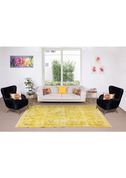 190 x 306 cm El Dokuması Yeniden Boyanmış Eski Türk Halısı, Modern Sarı El Yapımı Yünlü Halı