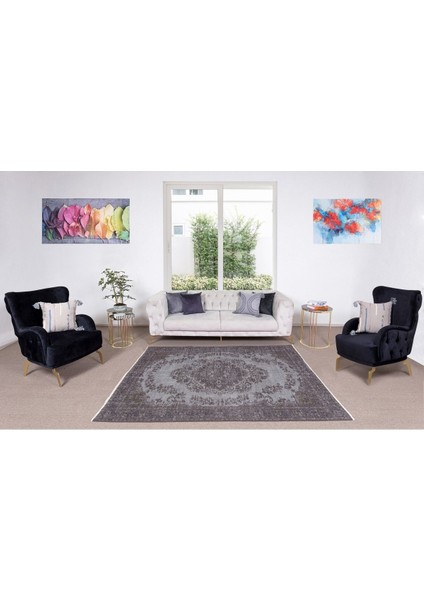 167 x 230 cm Çağdaş Gri Otantik Yünlü Halı, El Dokuması Yeniden Boyanmış Eski Türk Halısı
