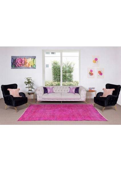 178 x 282 cm El Dokuması Yeniden Boyanmış Eski Türk Halısı, Modern Pembe El Yapımı Yünlü Halı