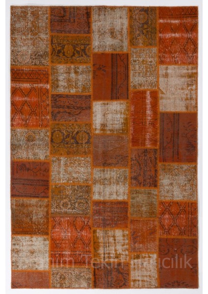 200 x 300 cm Turuncu Renkli Patchwork Halı, El Dokuma Anadolu Halısı, Turuncu Peçvörk