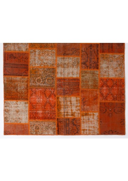 200 x 300 cm Turuncu Renkli Patchwork Halı, El Dokuma Anadolu Halısı, Turuncu Peçvörk