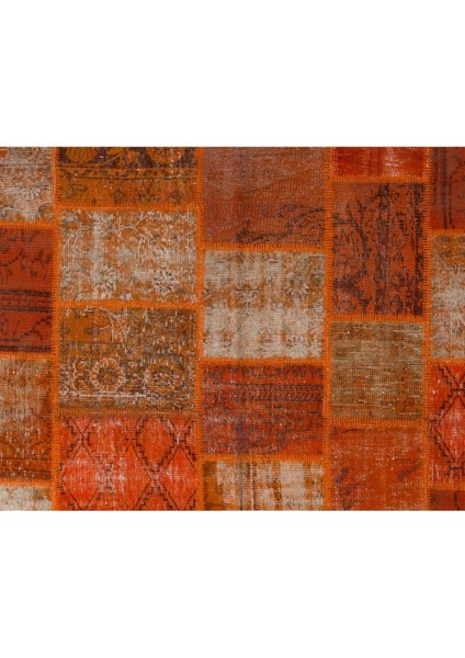 200 x 300 cm Turuncu Renkli Patchwork Halı, El Dokuma Anadolu Halısı, Turuncu Peçvörk