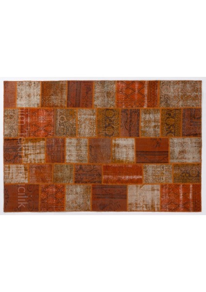 200 x 300 cm Turuncu Renkli Patchwork Halı, El Dokuma Anadolu Halısı, Turuncu Peçvörk