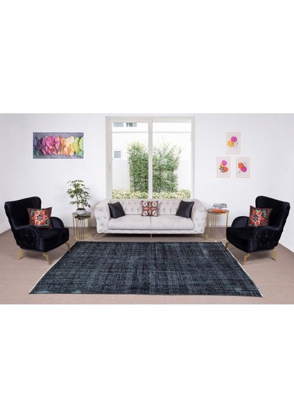 210 x 306 cm El Dokuması Yeniden Boyanmış Eski Türk Halısı, Modern Siyah El Yapımı Yünlü Halı