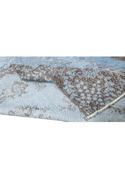 193 x 310 cm El Dokuması Yeniden Boyanmış Eski Türk Halısı, Modern Mavi El Yapımı Yünlü Halı modelleri