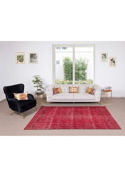 160 x 270 cm El Dokuması Yeniden Boyanmış Eski Türk Halısı, Modern Kırmızı El Yapımı Yünlü Halı