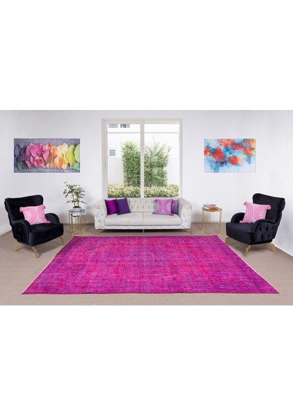 193 x 300 cm El Dokuması Yeniden Boyanmış Eski Türk Halısı, Modern Pembe El Yapımı Yünlü Halı