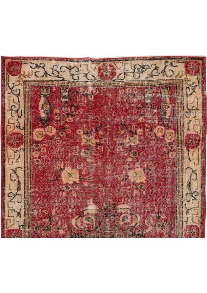 112 x 219 cm El Dokuması Yeniden Boyanmış Eski Türk Halısı, Modern Kırmızı El Yapımı Yünlü Halı fırsatları