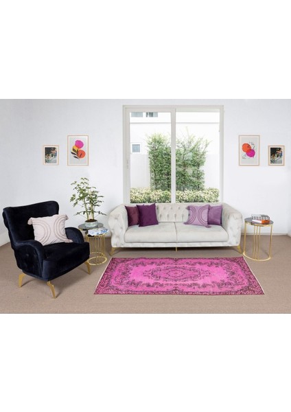 105 x 210 cm El Dokuması Yeniden Boyanmış Eski Türk Halısı, Modern Pembe El Yapımı Yünlü Halı