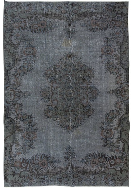 203 x 304 cm Yeniden Boyanmış Gri El Dokuma Halı, El Yapımı Eski Halı