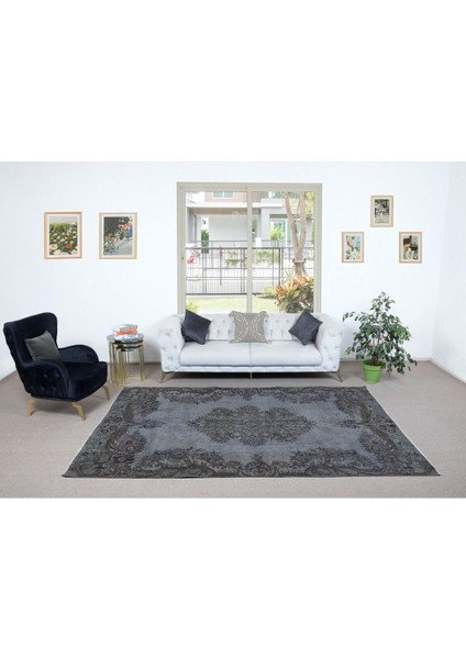 203 x 304 cm Yeniden Boyanmış Gri El Dokuma Halı, El Yapımı Eski Halı fiyatları