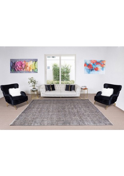 226 x 320 cm El Dokuması Yeniden Boyanmış Eski Türk Halısı, Modern Gri El Yapımı Yünlü Halı