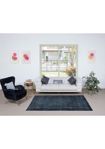 146 x 220 cm El Düğümlü Siyah Halı, Dekoratif El Dokuması Yün ve Pamuktan Yapılmış Alan Halısı